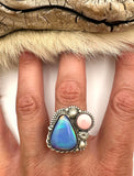 No.2 Aurora Opal & Queen Pink Conch Shell Ring Finished to Size or as a Pendant/Necklace