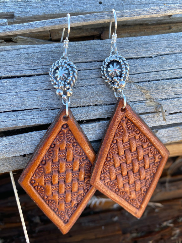 Sterling Silver Hooks with Leather Diamond Earrings