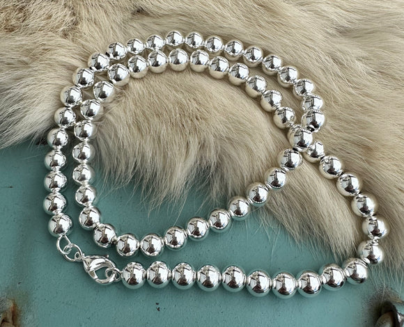 8mm Sterling Silver Plated Beaded Necklace - 18” length